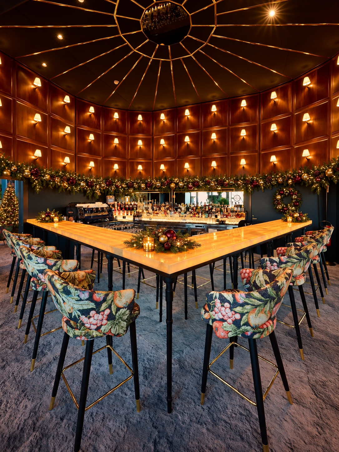 Negroni Bar decorated with festive garlands and warm Christmas lights