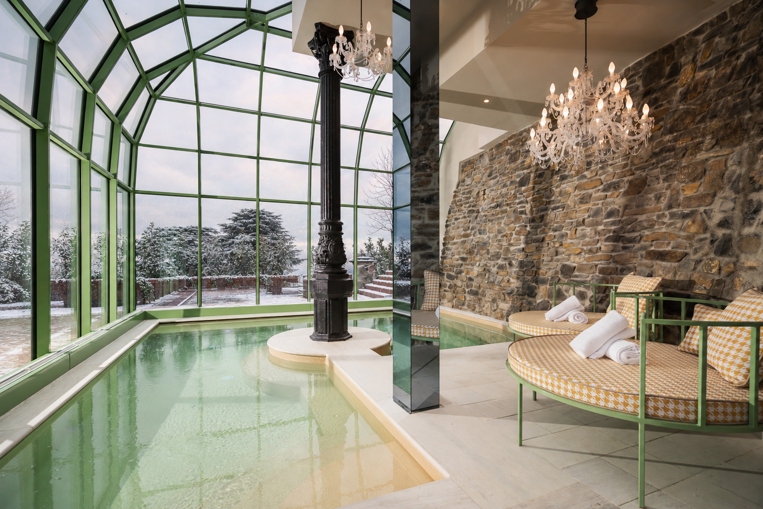 Nuvole Garden Winter Garden spa pool with gentle first snow beyond the glass