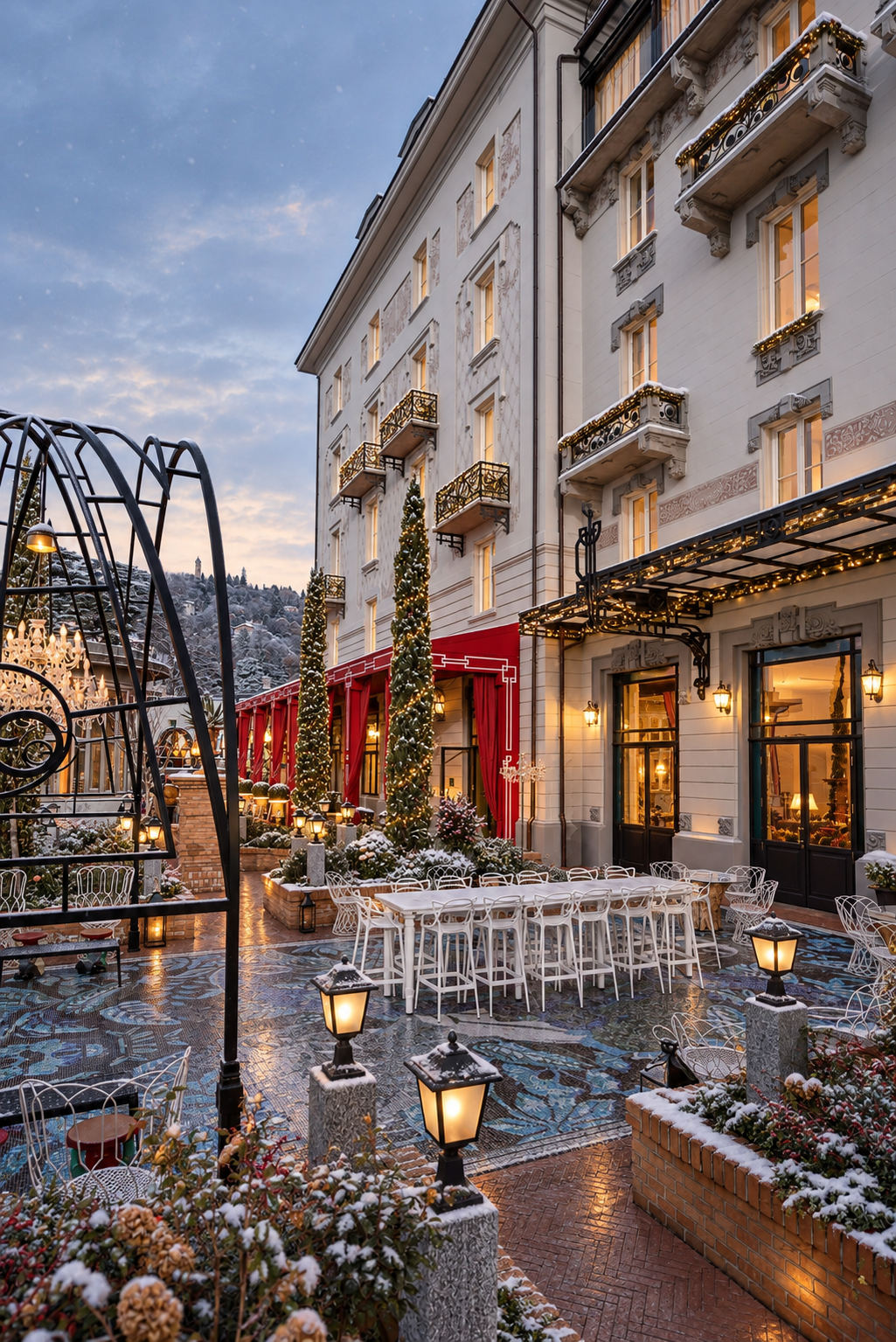 Nuvole Garden Hotel winter terrace with light snow and warm festive lights